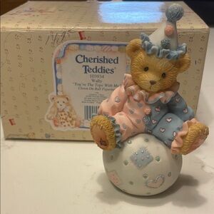 Cherished Teddies Pastel Pink & Blue Clown Bear on Ball Figurine